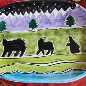 Big Sky Carvers Ceramic Platter – Black Bear Family Scene – 2009